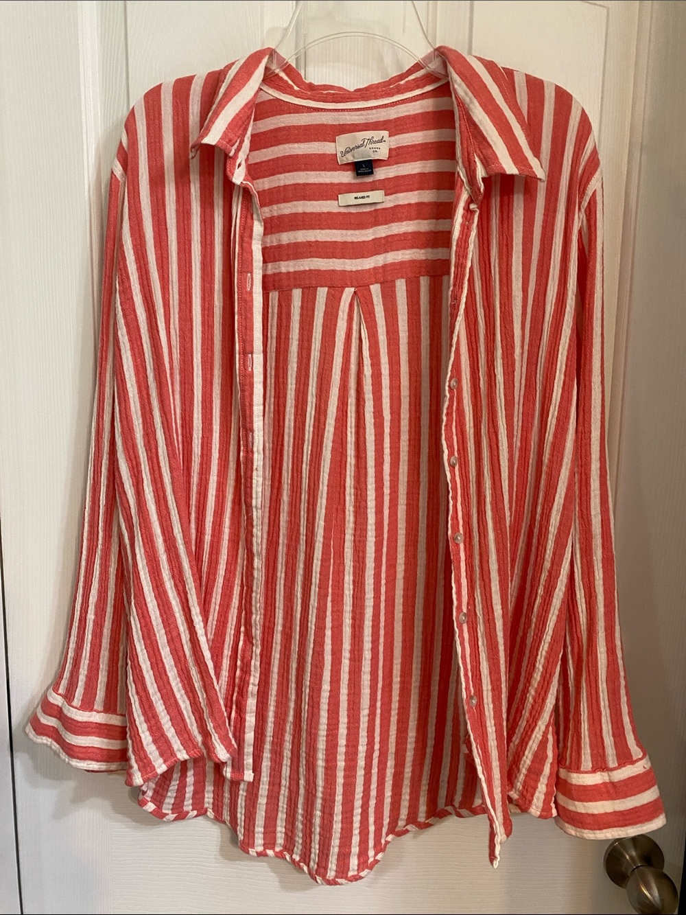 Universal Thread Coral and White Vertical Stripe Button-Down Shirt